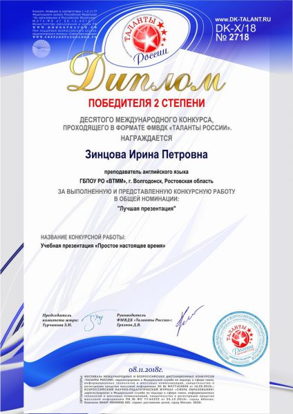 Диплом Зинцова Ирина Петровна