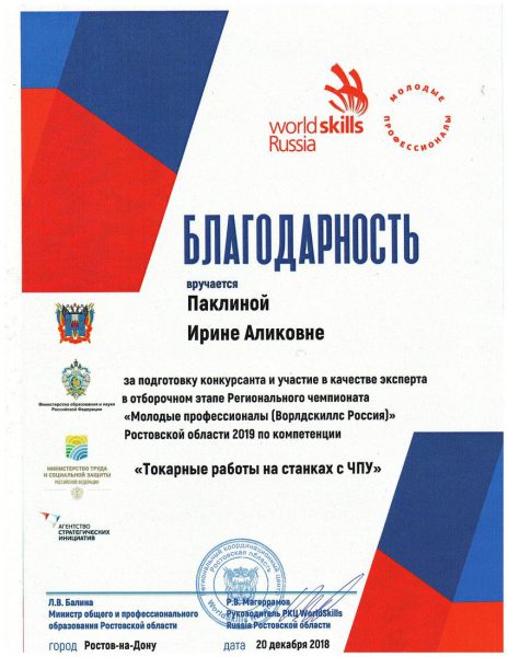 Благодарность Паклиной Ирине Аликовне