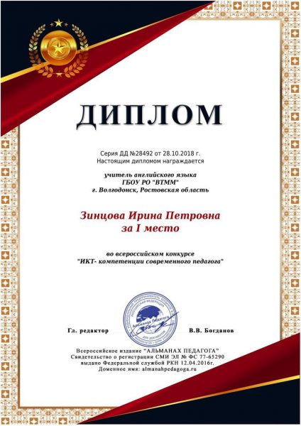 Диплом Зинцова Ирина Петровна