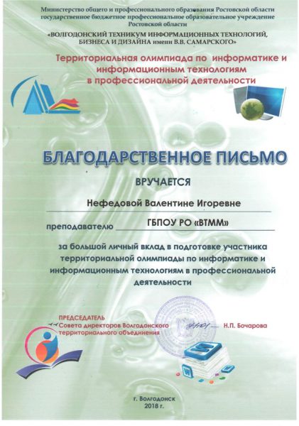Благодарственное письмо Нефедовой Валентине Игоревне